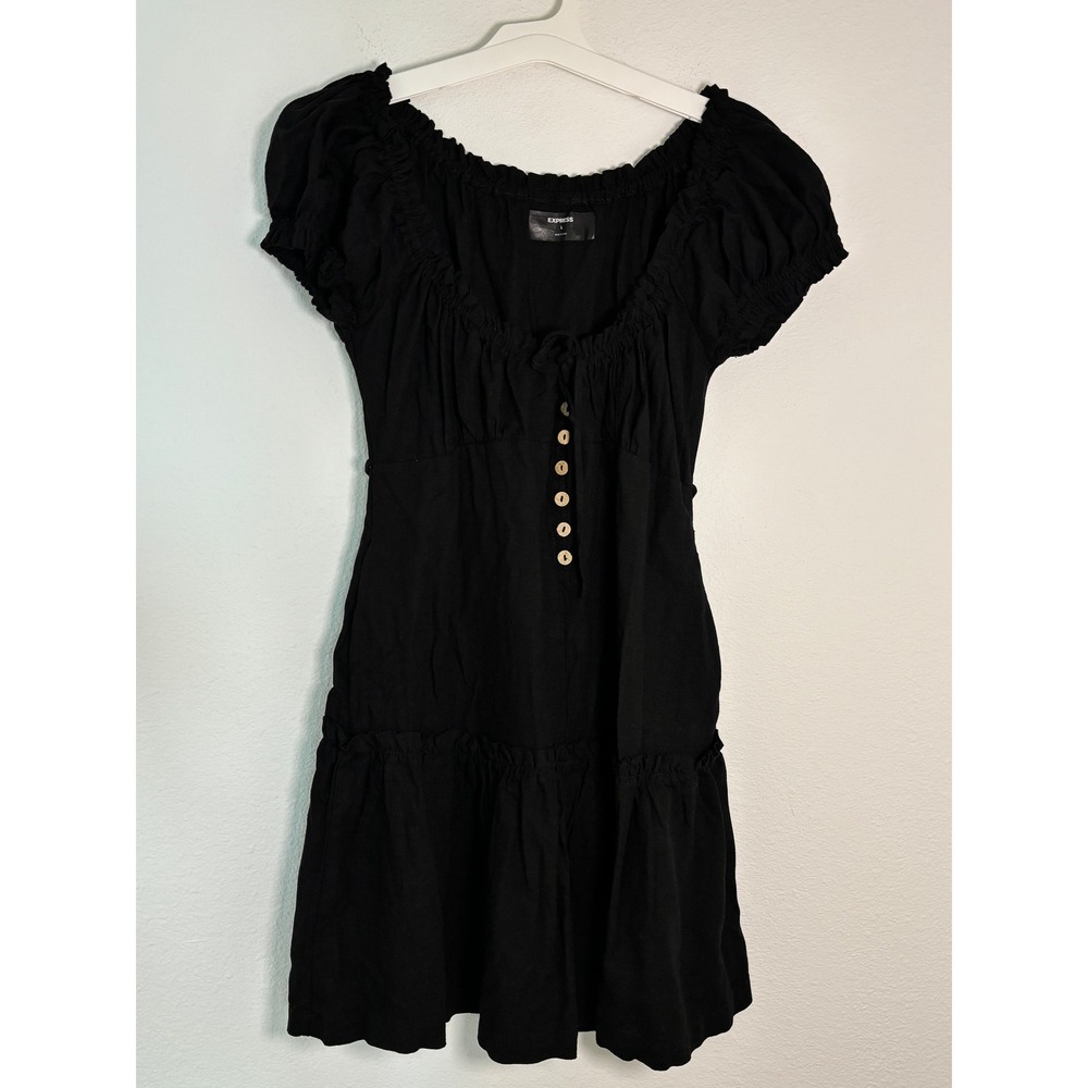 Express Black Cottagecore Mini Dress Puff Sleeve Ruffle Button Front Tiered L